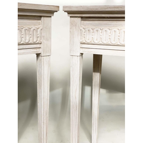 128 - CONSOLE TABLES, a pair, Regency style grey painted each with fluted frieze and square support, 85cm ... 