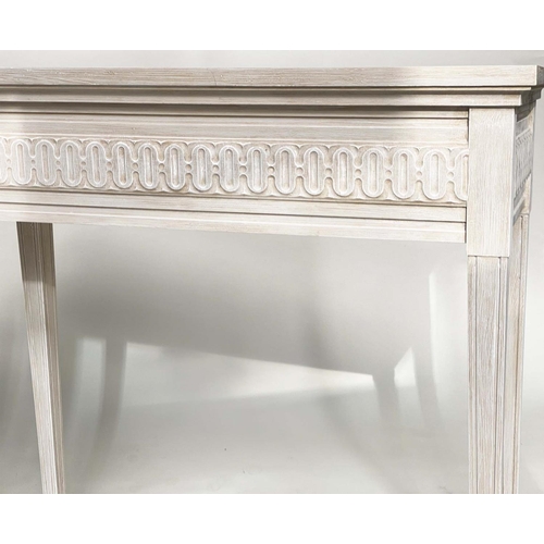 128 - CONSOLE TABLES, a pair, Regency style grey painted each with fluted frieze and square support, 85cm ... 