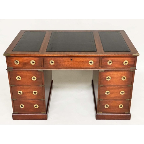 131 - CAMPAIGN STYLE DESK, mahogany and brass bound with leather writing surface and nine drawers, 123cm x... 