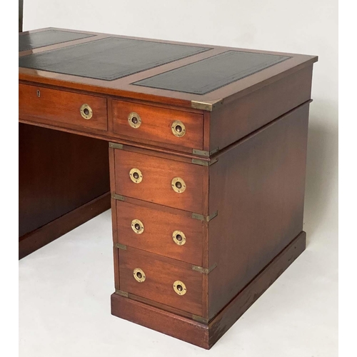 131 - CAMPAIGN STYLE DESK, mahogany and brass bound with leather writing surface and nine drawers, 123cm x... 