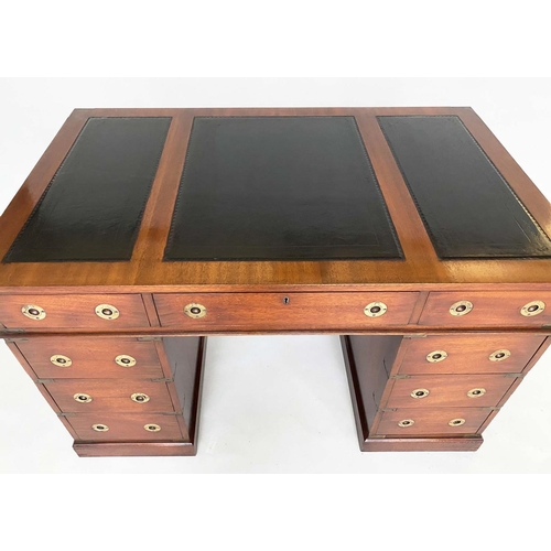 131 - CAMPAIGN STYLE DESK, mahogany and brass bound with leather writing surface and nine drawers, 123cm x... 