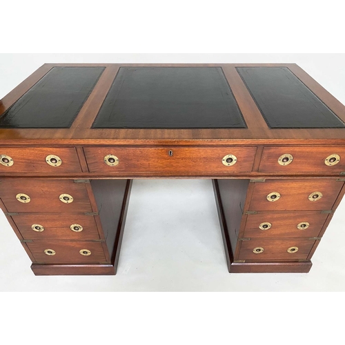 131 - CAMPAIGN STYLE DESK, mahogany and brass bound with leather writing surface and nine drawers, 123cm x... 