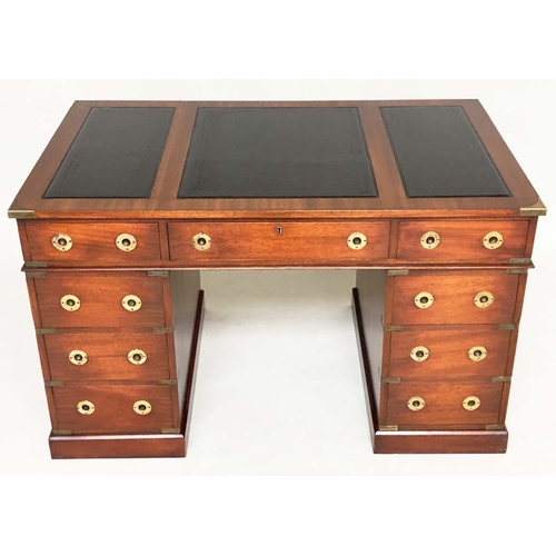 131 - CAMPAIGN STYLE DESK, mahogany and brass bound with leather writing surface and nine drawers, 123cm x... 