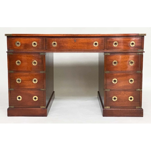 131 - CAMPAIGN STYLE DESK, mahogany and brass bound with leather writing surface and nine drawers, 123cm x... 