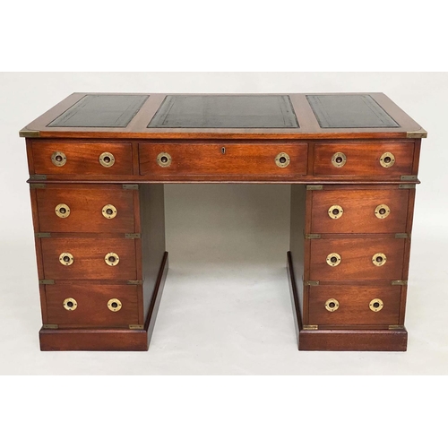 131 - CAMPAIGN STYLE DESK, mahogany and brass bound with leather writing surface and nine drawers, 123cm x... 