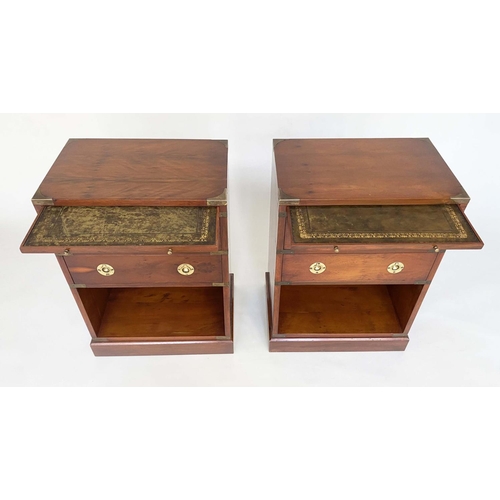 135 - CAMPAIGN STYLE CHESTS, a pair, yewwood and brass bound each with tooled leather brushing slide and t... 