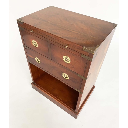 135 - CAMPAIGN STYLE CHESTS, a pair, yewwood and brass bound each with tooled leather brushing slide and t... 