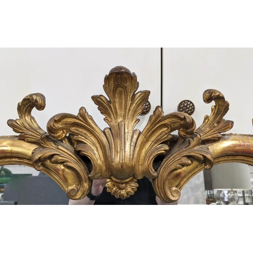 143 - WALL MIRROR, 85cm W x 156cm H, with a decorative surmount, 19th century French giltwood and gesso.