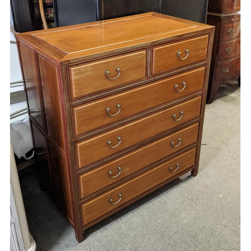 144 - CHINESE CHEST, 92cm W x 51cm D x 103cm H, hardwood panelled side and top with six drawers.