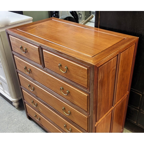 144 - CHINESE CHEST, 92cm W x 51cm D x 103cm H, hardwood panelled side and top with six drawers.