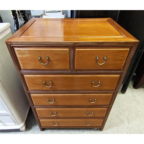 144 - CHINESE CHEST, 92cm W x 51cm D x 103cm H, hardwood panelled side and top with six drawers.