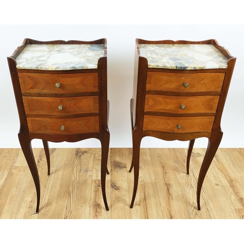 157 - TABLES DE NUIT, a pair, each 33cm w x 74cm H, Transitional style mahogany and tulipwood with marble ... 