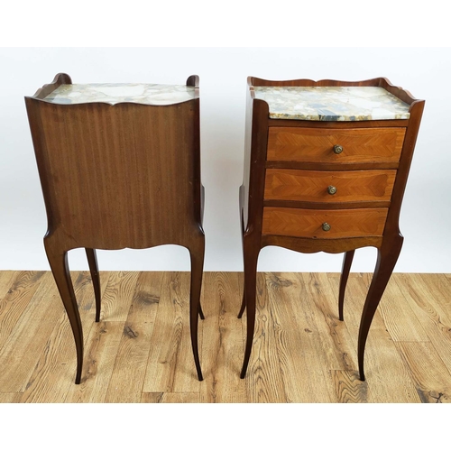 157 - TABLES DE NUIT, a pair, each 33cm w x 74cm H, Transitional style mahogany and tulipwood with marble ... 