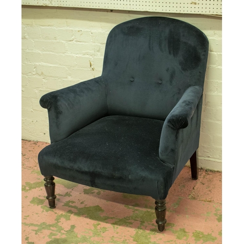 175 - ARMCHAIR, 87cm H x 76cm W, ebonised with black corduroy upholstery.