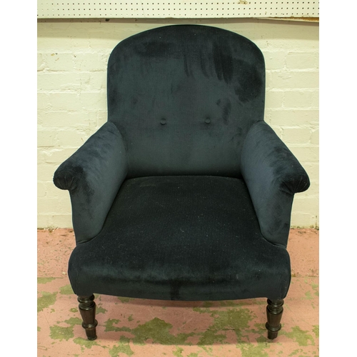 175 - ARMCHAIR, 87cm H x 76cm W, ebonised with black corduroy upholstery.