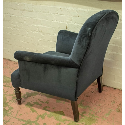 175 - ARMCHAIR, 87cm H x 76cm W, ebonised with black corduroy upholstery.