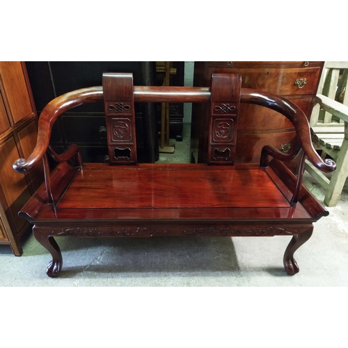 176 - CHINESE BENCH, 136cm W x 54cm D x 78cm H, rosewood with carved details and curved arms.