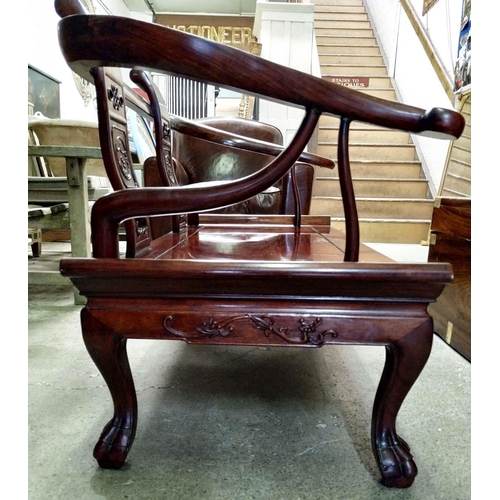 176 - CHINESE BENCH, 136cm W x 54cm D x 78cm H, rosewood with carved details and curved arms.