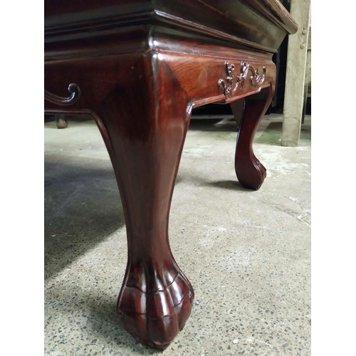 176 - CHINESE BENCH, 136cm W x 54cm D x 78cm H, rosewood with carved details and curved arms.