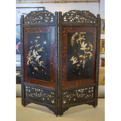 178 - SCREEN, late 19th century Meiji lacquer, bone and mother of pearl with two panels on castors, each l... 