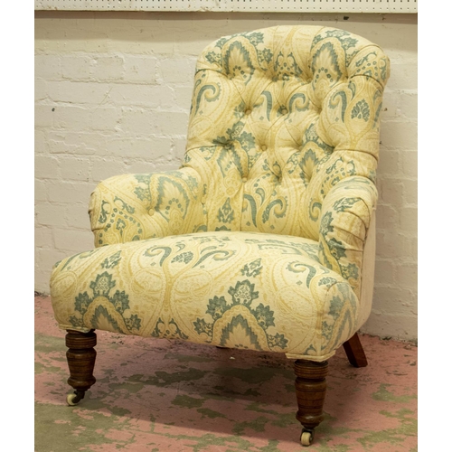 188 - ARMCHAIR, 87cm H x 72cm W, Victorian walnut in cream and patterned fabric on ceramic front castors.