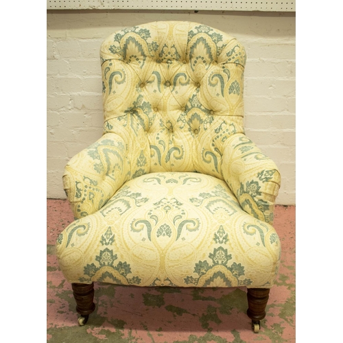 188 - ARMCHAIR, 87cm H x 72cm W, Victorian walnut in cream and patterned fabric on ceramic front castors.