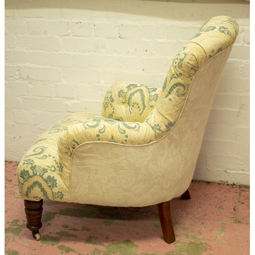 188 - ARMCHAIR, 87cm H x 72cm W, Victorian walnut in cream and patterned fabric on ceramic front castors.