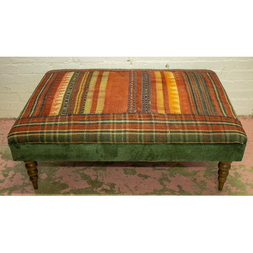 189 - HEARTH STOOL, 43cm H x 122cm W x 92cm D, beechwood with carpet and green chenille upholstery.