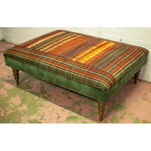 189 - HEARTH STOOL, 43cm H x 122cm W x 92cm D, beechwood with carpet and green chenille upholstery.