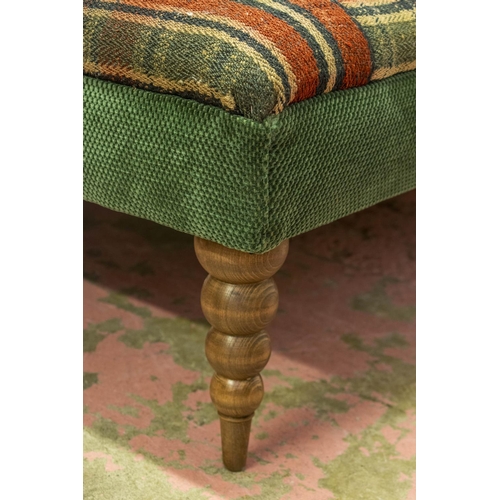 189 - HEARTH STOOL, 43cm H x 122cm W x 92cm D, beechwood with carpet and green chenille upholstery.