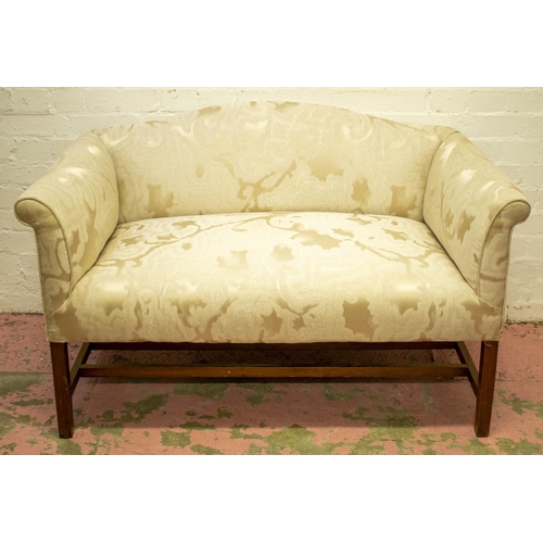 190 - SMALL SOFA, 73cm H x 121cm W x 65cm D, Georgian style mahogany in patterned cream fabric.