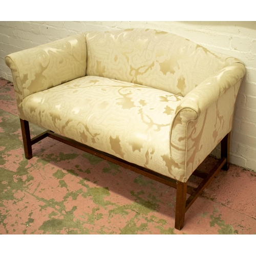 190 - SMALL SOFA, 73cm H x 121cm W x 65cm D, Georgian style mahogany in patterned cream fabric.