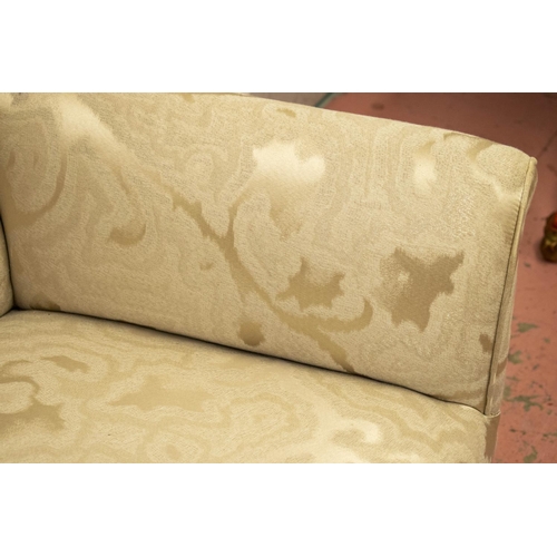 190 - SMALL SOFA, 73cm H x 121cm W x 65cm D, Georgian style mahogany in patterned cream fabric.