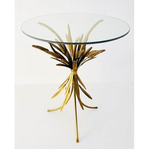 343 - MAISON JANSEN STYLE SIDE TABLE, 67cm high, 47cm diameter, wheat sheaf design, gilt metal, glass top.