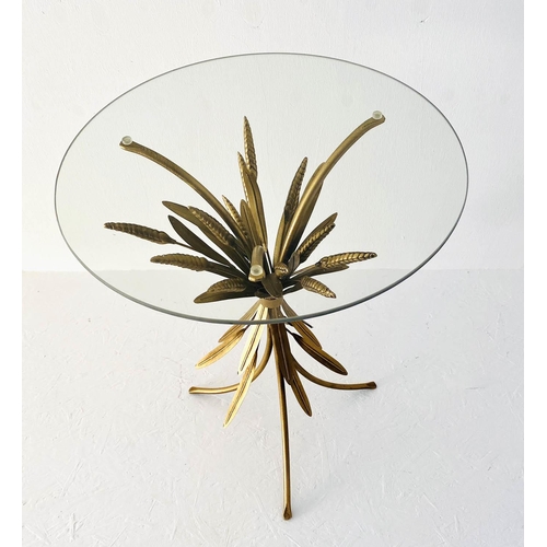 343 - MAISON JANSEN STYLE SIDE TABLE, 67cm high, 47cm diameter, wheat sheaf design, gilt metal, glass top.