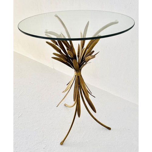 343 - MAISON JANSEN STYLE SIDE TABLE, 67cm high, 47cm diameter, wheat sheaf design, gilt metal, glass top.
