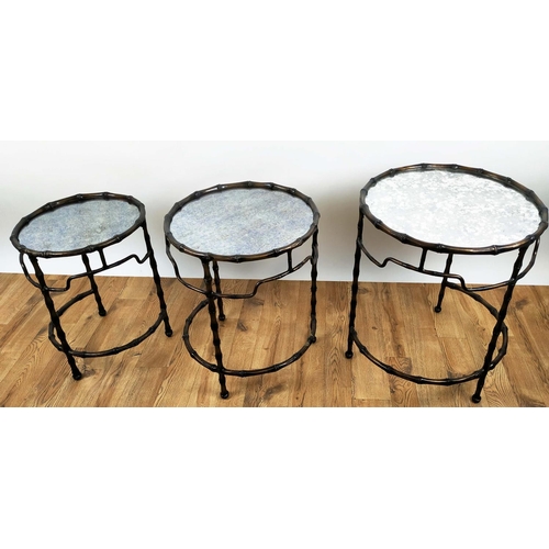 401 - NEST OF TABLES, a set of three, largest 54cm W x 64cm H, metal faux bamboo design frame, with antiqu... 