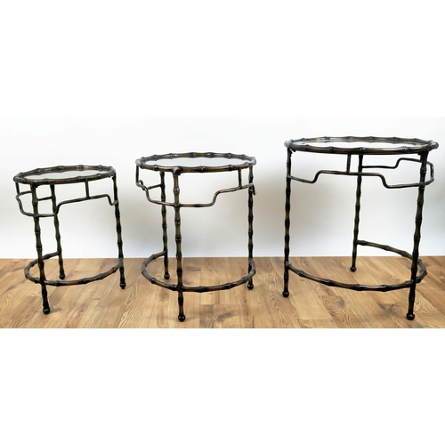 401 - NEST OF TABLES, a set of three, largest 54cm W x 64cm H, metal faux bamboo design frame, with antiqu... 