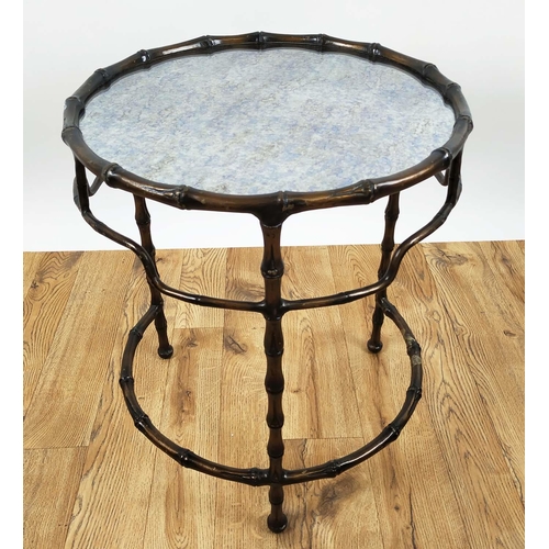 401 - NEST OF TABLES, a set of three, largest 54cm W x 64cm H, metal faux bamboo design frame, with antiqu... 