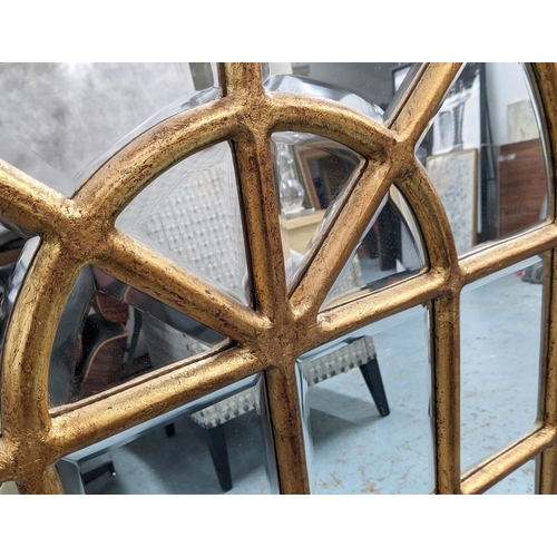 402 - ARCHITECTURAL WALL MIRRORS, a pair, each 85cm W x 127cm H, gilt, with arched tops and bevelled plate... 