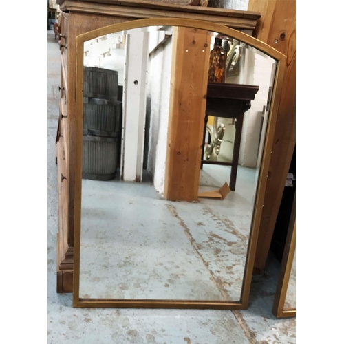 405 - WALL MIRRORS, a pair, aged gilt metal frames with arched tops, 60cm x 91cm. (2)