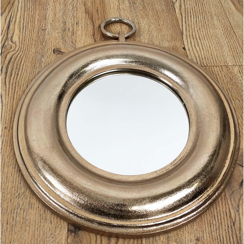 408 - WALL MIRRORS, a set of four, each with differing colour metal frames, ring detail, 34cm x 44cm. (4)