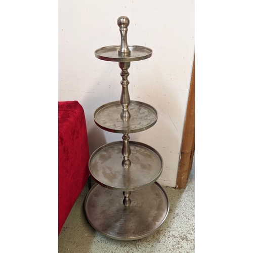 411 - PATISSERIE STAND, four tier, polished metal, 122cm H.