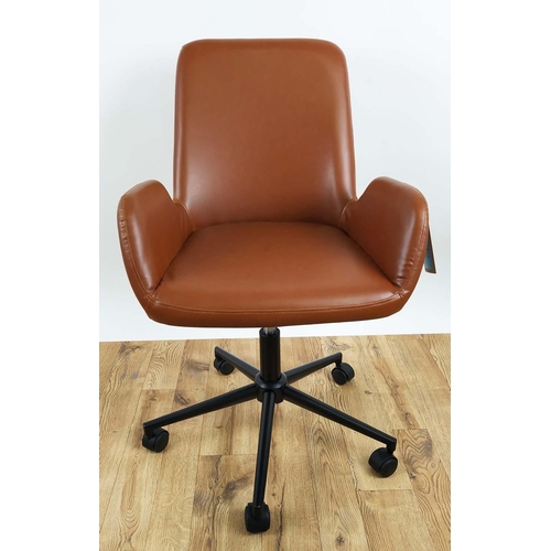 412 - DESK CHAIR, tan faux leather finish, height adjustable, 94cm H at tallest.