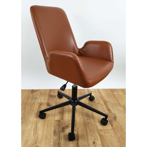 412 - DESK CHAIR, tan faux leather finish, height adjustable, 94cm H at tallest.