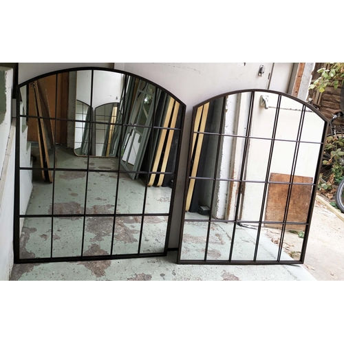 413 - ARCHITECTURAL WALL MIRRORS, a pair, aged metal frames, 92cm x 76cm each. (2)