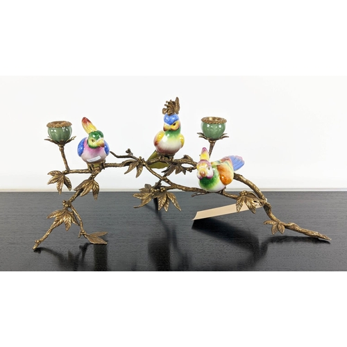 417 - CANDELABRUM, gilt metal and glazed ceramic, 25cm H, two branch.