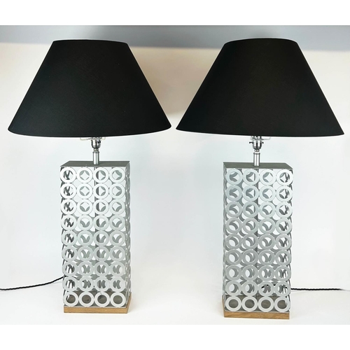 421 - TABLE LAMPS, a pair, 86cm H, metal ring design, with black shades. (2)