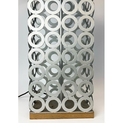 421 - TABLE LAMPS, a pair, 86cm H, metal ring design, with black shades. (2)