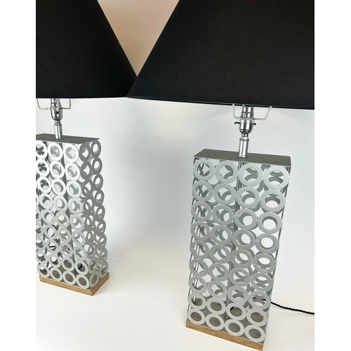 421 - TABLE LAMPS, a pair, 86cm H, metal ring design, with black shades. (2)